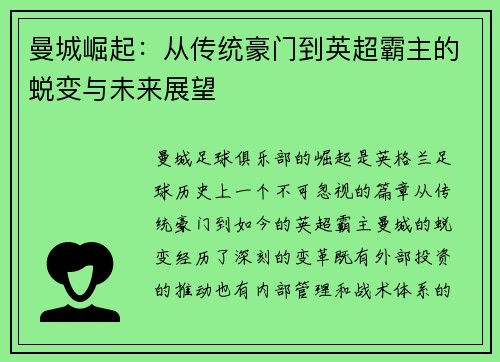 曼城崛起：从传统豪门到英超霸主的蜕变与未来展望