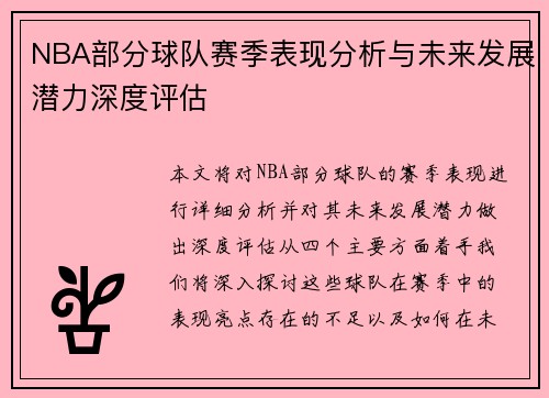 NBA部分球队赛季表现分析与未来发展潜力深度评估